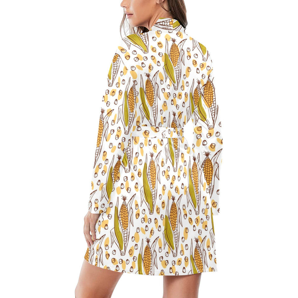 Corn Pattern Print Design 02 Women's Long Sleeve Belted Night Robe