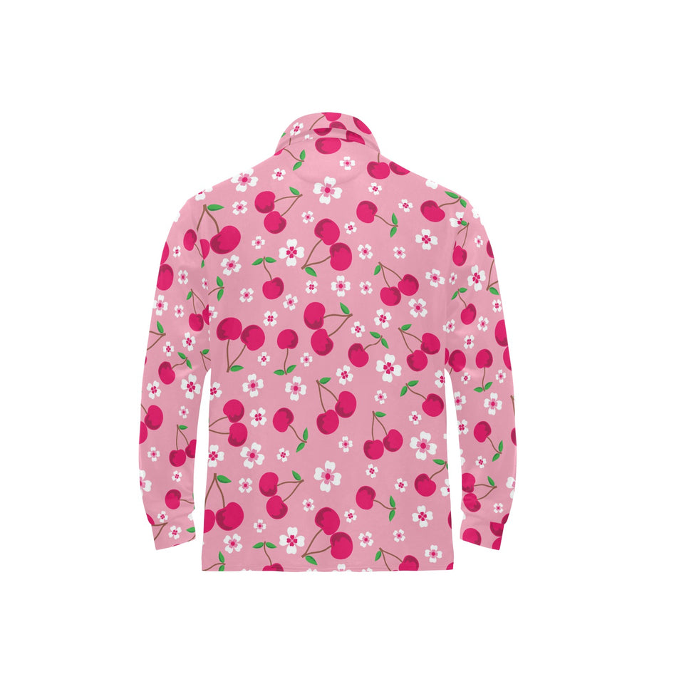 cherry flower pattern pink background Men's Long Sleeve Polo Shirt
