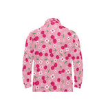 cherry flower pattern pink background Men's Long Sleeve Polo Shirt