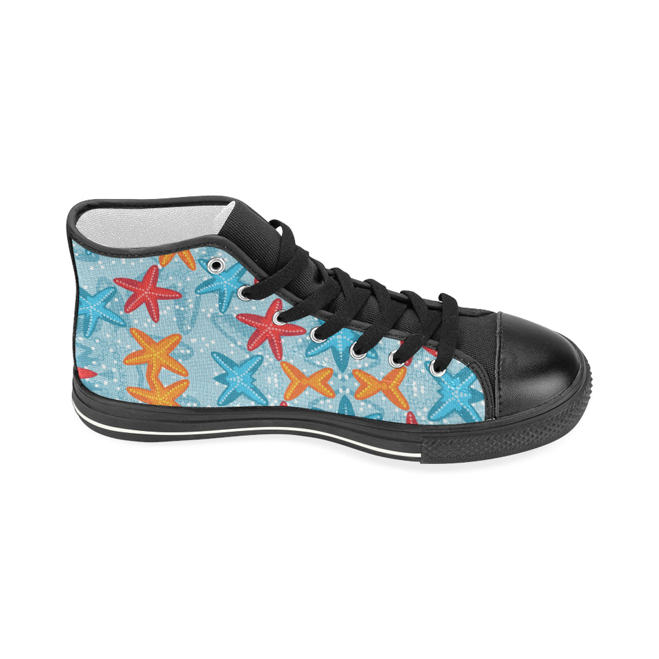 Blue red orange starfish pattern Women's High Top Canvas Canvas Shoes Black