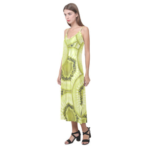 Sliced kiwi pattern V-Neck Open Fork Long Dress