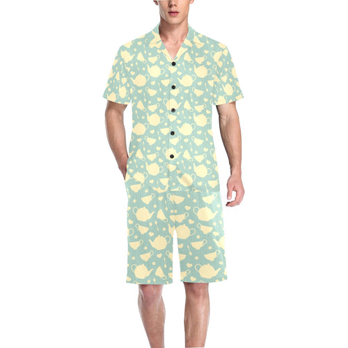 Tea pots Pattern Print Design 02 Men's V-Neck Short Pajama Set