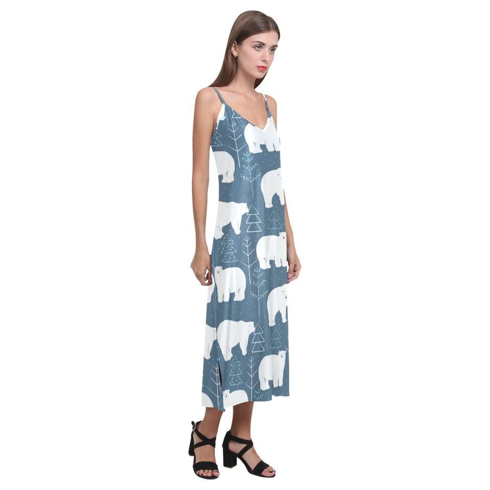 polar bear mother her child pattern V-Neck Open Fork Long Dress