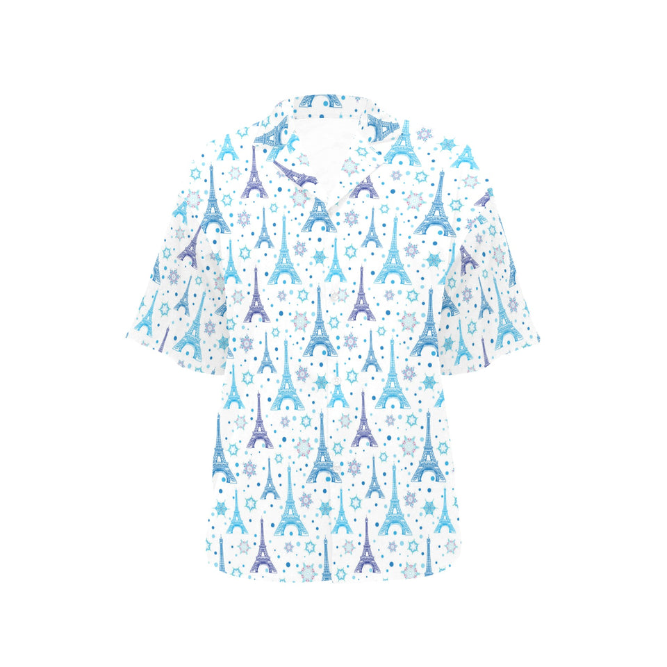 Blue Eiffel Tower Theme Pattern Print Design 01 Women's All Over Print Hawaiian Shirt