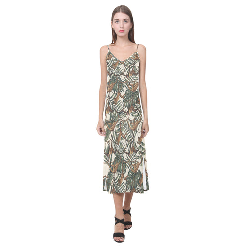 Monkey tropical leaves background V-Neck Open Fork Long Dress