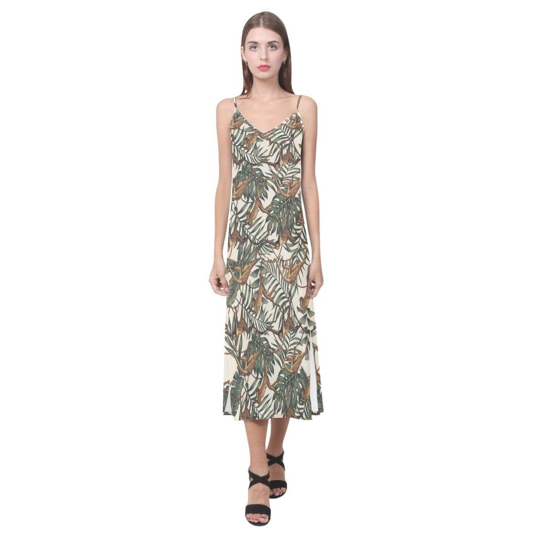 Monkey tropical leaves background V-Neck Open Fork Long Dress