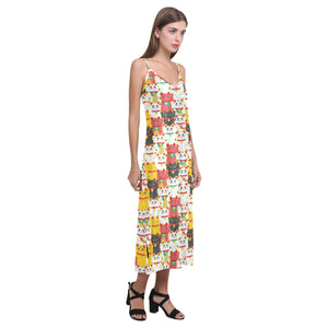 Colorful Maneki neko cat pattern V-Neck Open Fork Long Dress