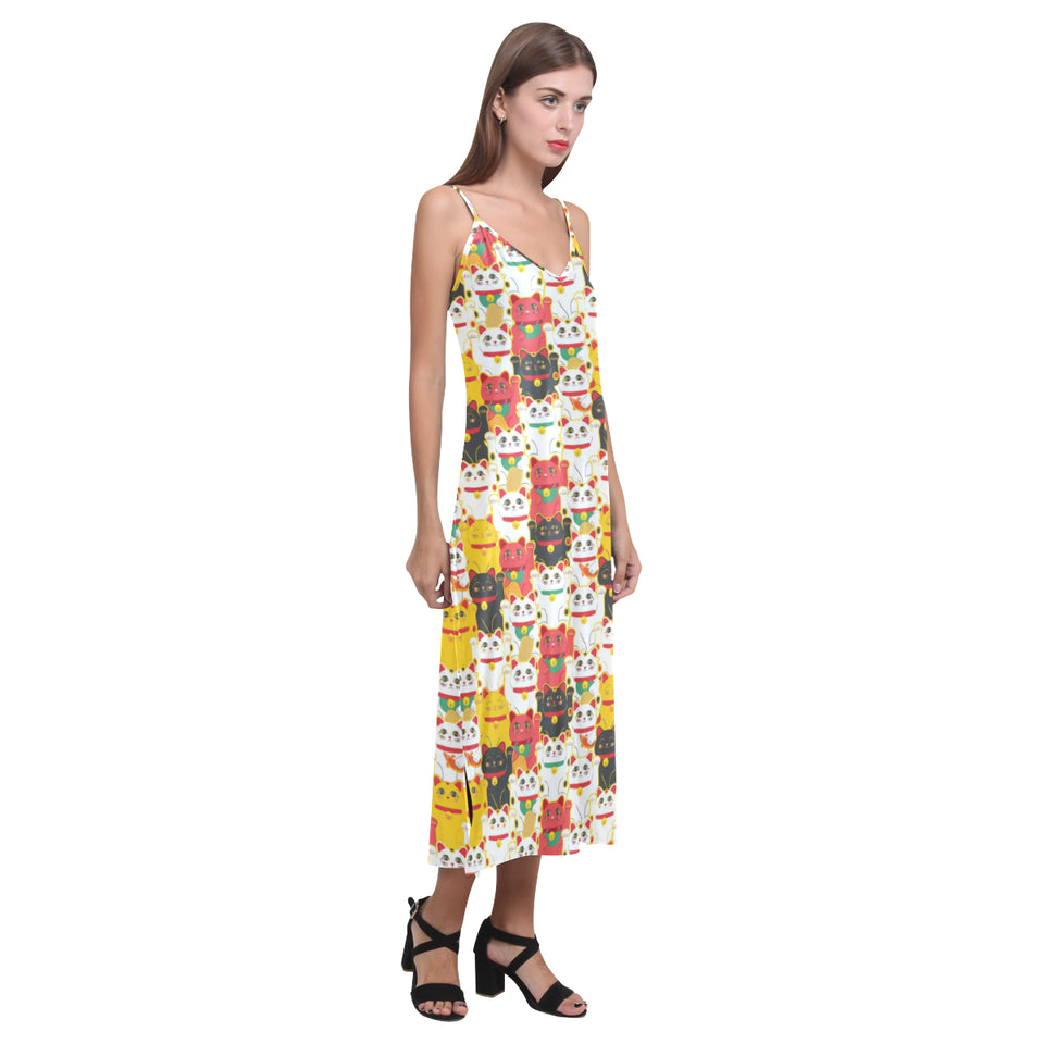 Colorful Maneki neko cat pattern V-Neck Open Fork Long Dress