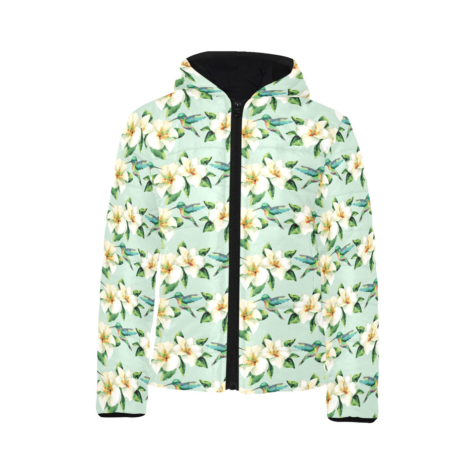 Hummingbird Pattern Print Design 01 Kids' Boys' Girls' Padded Hooded Jacket
