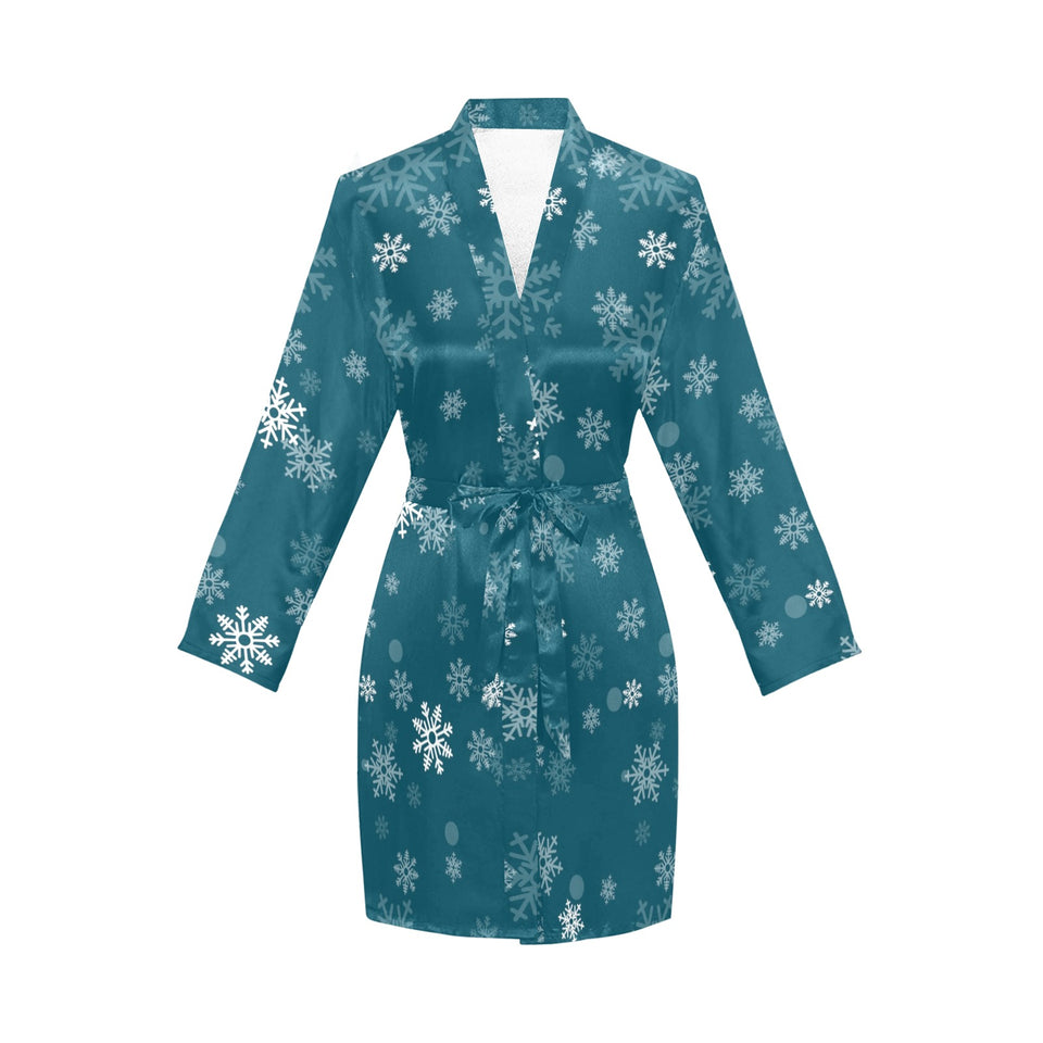 Snowflake pattern dark background Women's Long Sleeve Belted Night Robe