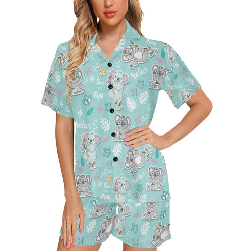 Cute koalas blue background pattern Women's V-Neck Short Pajama Set