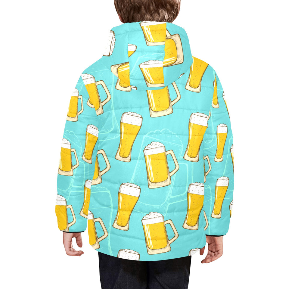 Beer pattern green background Kids' Boys' Girls' Padded Hooded Jacket