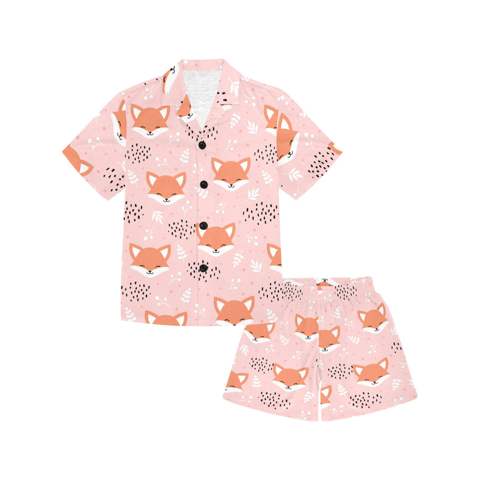 Cute fox pattern pink background Kids' Boys' Girls' V-Neck Short Pajama Set