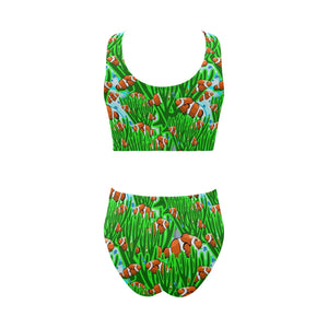 Clown Fish Pattern Print Design 01 Chest Bowknot High Waisted Bikini Swimsuit