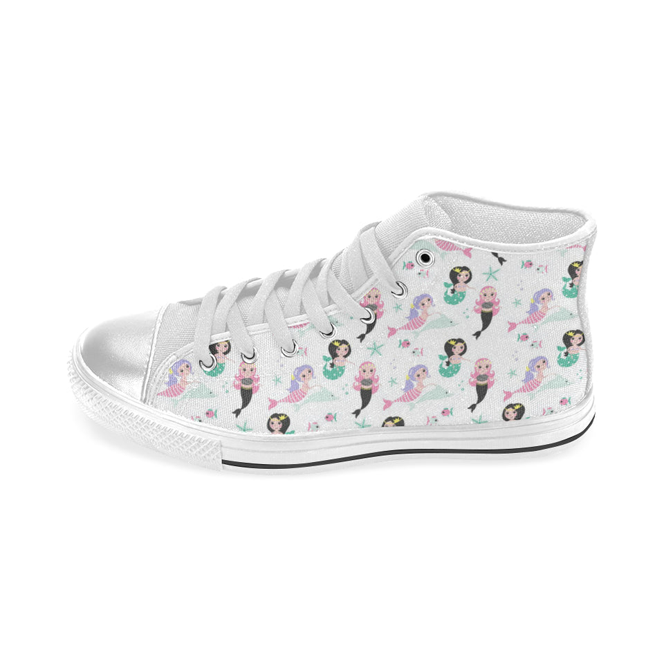 cute mermaid dolphin fish starfish pattern Women's High Top Canvas Shoes White