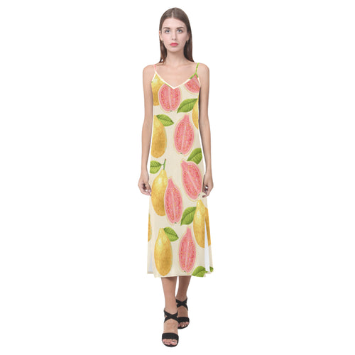 Beautiful guava pattern V-Neck Open Fork Long Dress