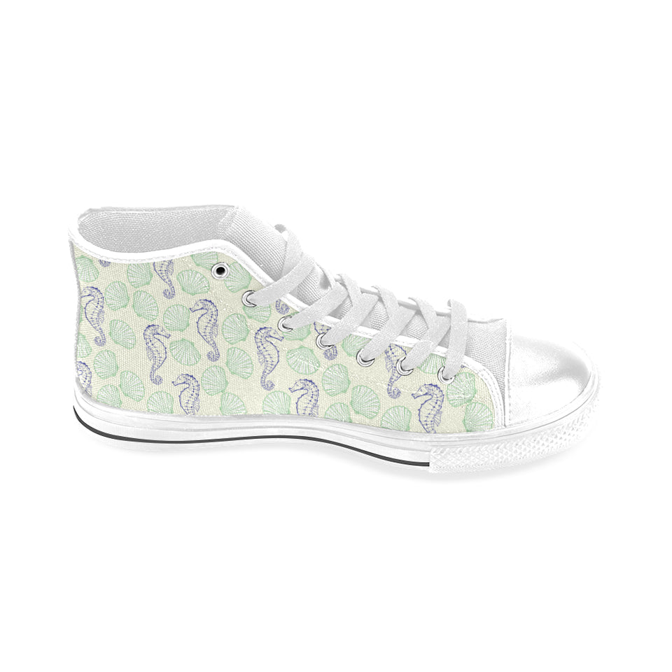 Seahorse shell pattern Men's High Top Canvas Shoes White