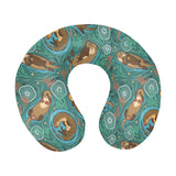 cute brown sea otters ornamental seaweed corals gr U-Shaped Travel Neck Pillow