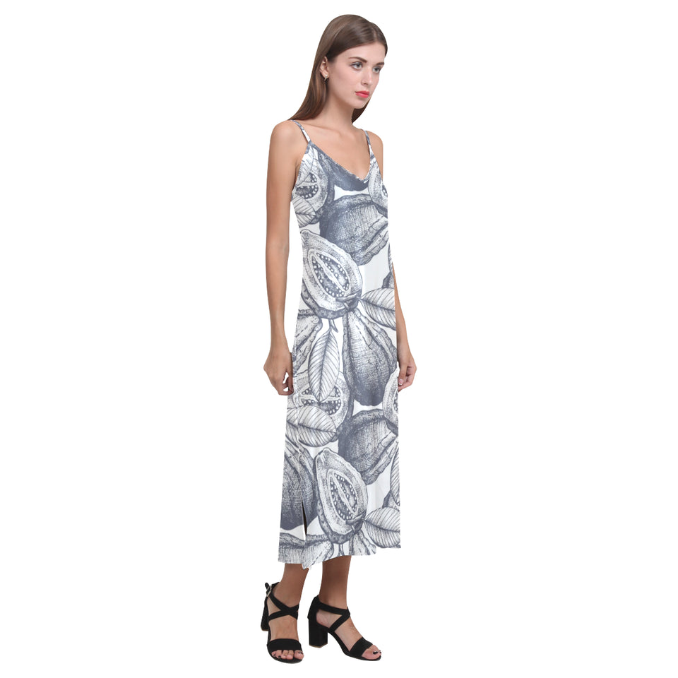 Guava tropical hand drawn pattern V-Neck Open Fork Long Dress