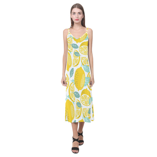 lemon design pattern V-Neck Open Fork Long Dress