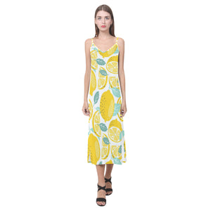 lemon design pattern V-Neck Open Fork Long Dress