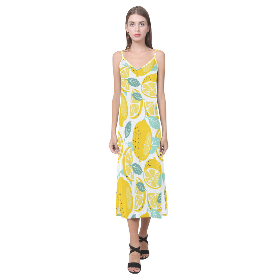 lemon design pattern V-Neck Open Fork Long Dress