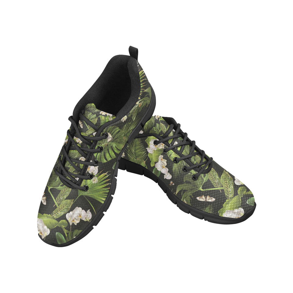 White orchid flower tropical leaves pattern blackg Men's Sneaker Shoes