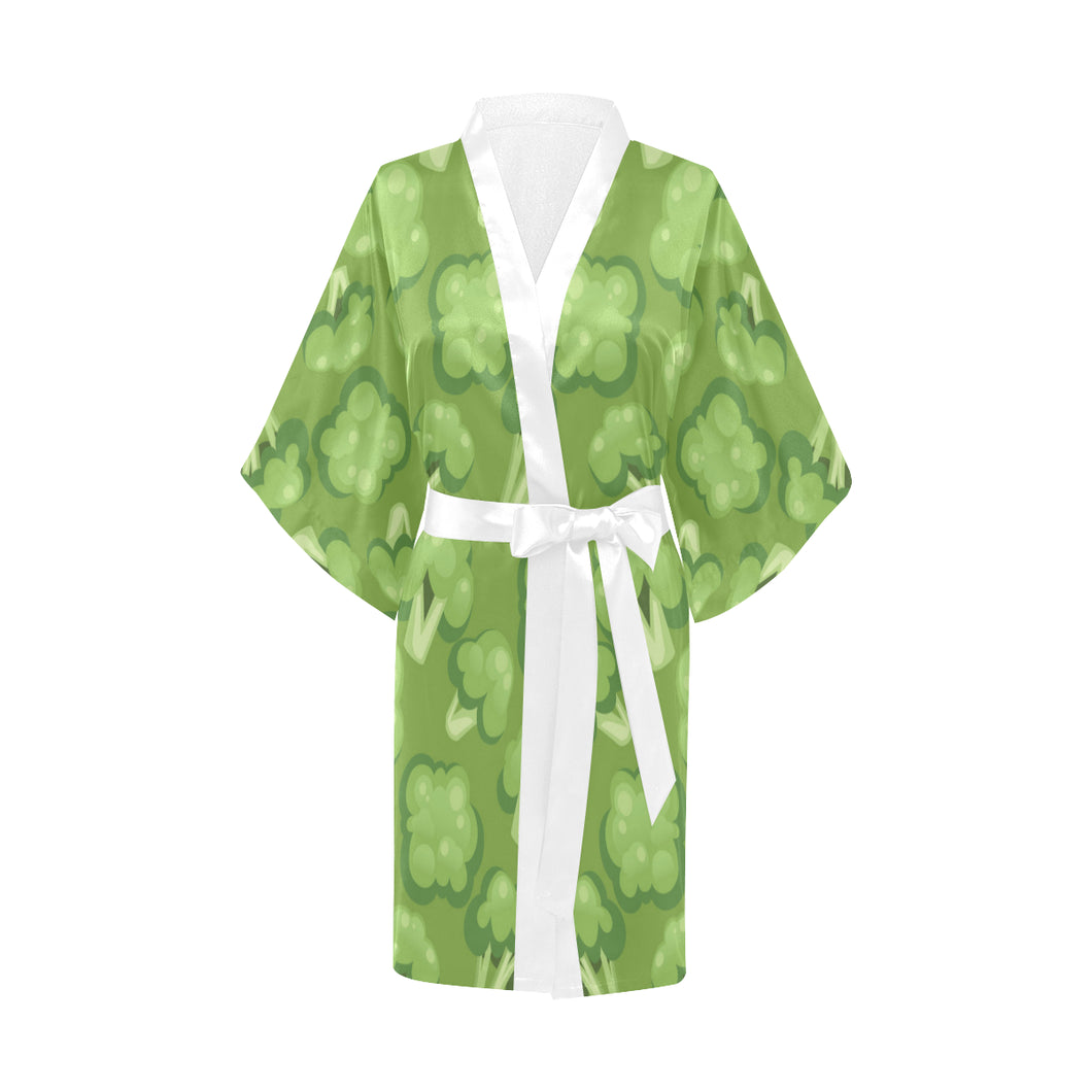 Broccoli pattern green background Women's Short Kimono Robe