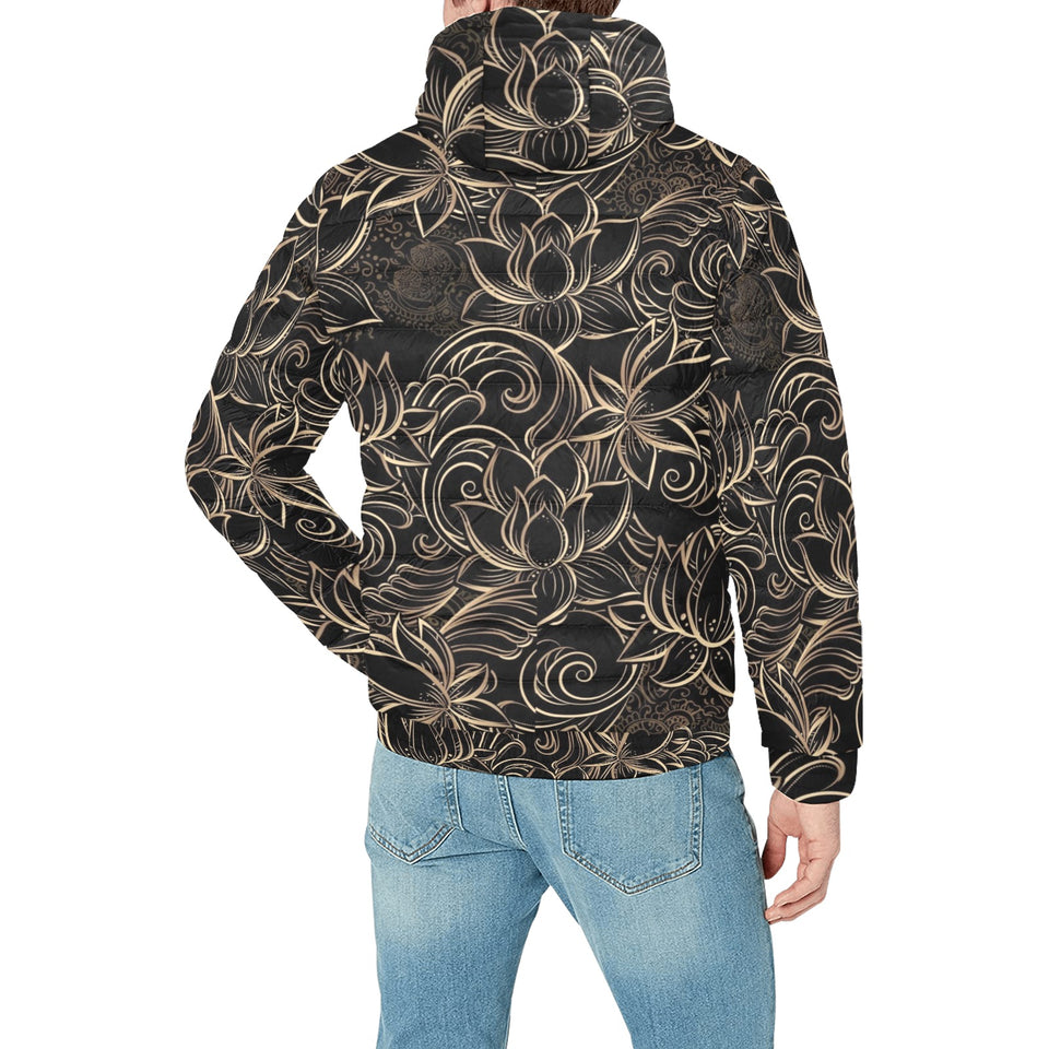 luxurious gold lotus waterlily black background Men's Padded Hooded Jacket