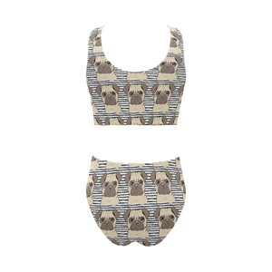 Happy pug pattern Chest Bowknot High Waisted Bikini Swimsuit