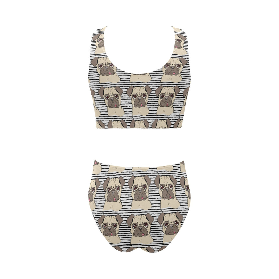 Happy pug pattern Chest Bowknot High Waisted Bikini Swimsuit
