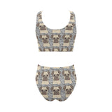 Happy pug pattern Chest Bowknot High Waisted Bikini Swimsuit