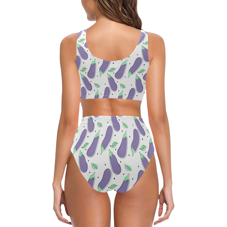 Eggplant Pattern Print Design 05 Chest Bowknot High Waisted Bikini Swimsuit