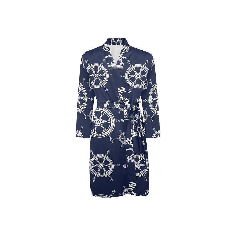nautical steering wheel design pattern Men's Long Sleeve Belted Night Robe