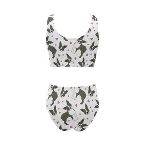 Boston terrier dog hearts vector pattern Chest Bowknot High Waisted Bikini Swimsuit