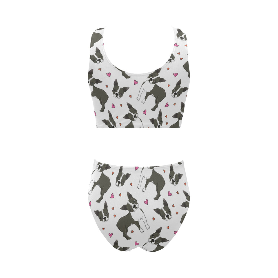 Boston terrier dog hearts vector pattern Chest Bowknot High Waisted Bikini Swimsuit