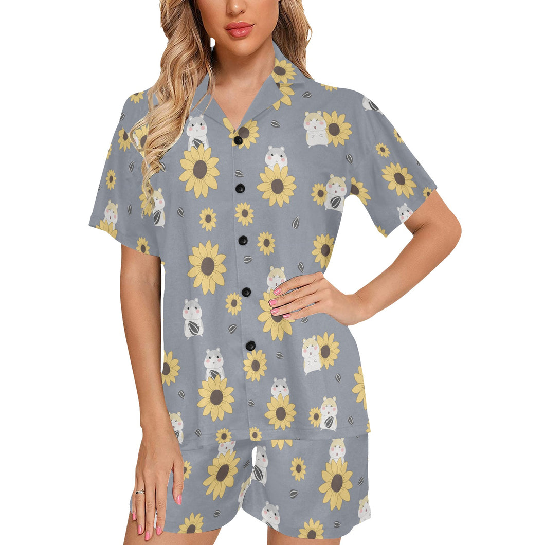 Cute hamster sunflower pattern background Women's V-Neck Short Pajama Set