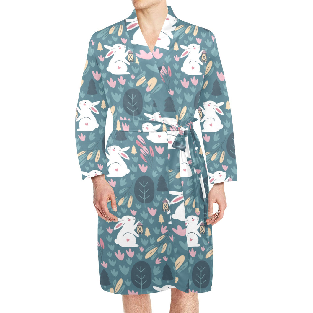Cute rabbit pattern Men's Long Sleeve Belted Night Robe