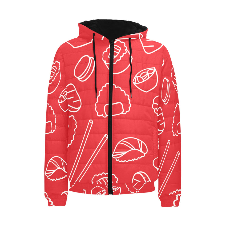 sushi pattern red background Men's Padded Hooded Jacket