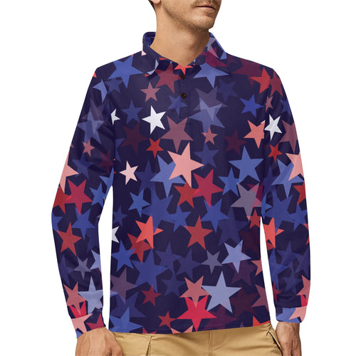 Red blue star pattern Men's Long Sleeve Polo Shirt