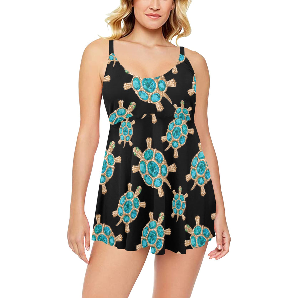 Sea turtle blue stone pattern Chest Sexy Pleated Two Piece Swim Dress