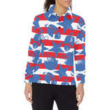 American football ball star stripes pattern Women's Long Sleeve Polo Shirt