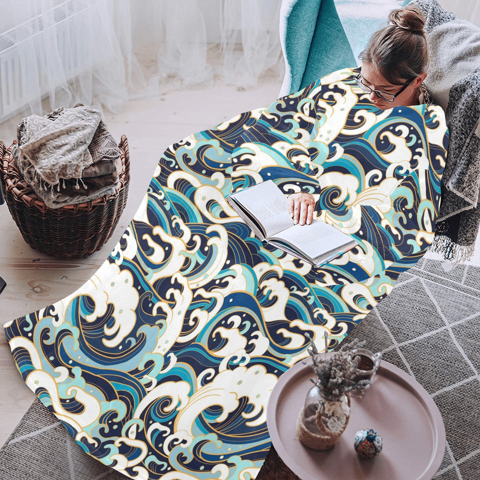 Japanese wave pattern Blanket Robe with Sleeves