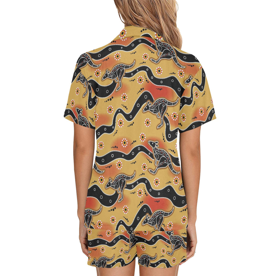 Kangaroo Australian aboriginal art pattern Women's V-Neck Short Pajama Set
