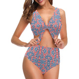 Blue Red Eiffel Tower Pattern Print Design 02 Chest Bowknot High Waisted Bikini Swimsuit