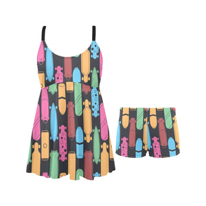Skate Board Pattern Print Design 02 Chest Sexy Pleated Two Piece Swim Dress