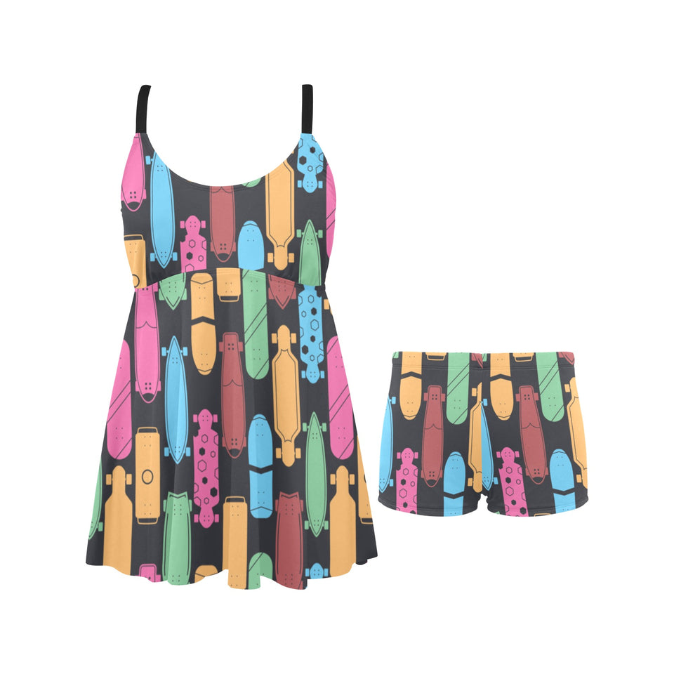 Skate Board Pattern Print Design 02 Chest Sexy Pleated Two Piece Swim Dress
