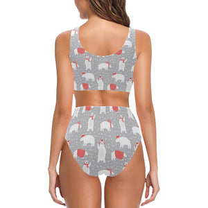 Cute polar bear christmas snow pattern Chest Bowknot High Waisted Bikini Swimsuit