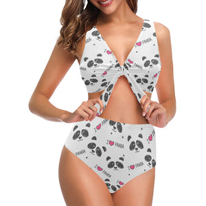 Hand Drawn faces of pandas pattern Chest Bowknot High Waisted Bikini Swimsuit