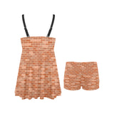 Brick Printed Pattern Print Design 02 Chest Sexy Pleated Two Piece Swim Dress
